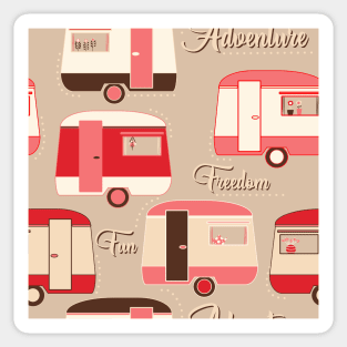 Repeat pattern of cute vintage caravans in retro colours pinks on beige Sticker